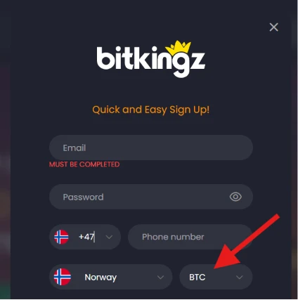 Registreringsskjema for Bitkingz Casino med norsk valuta